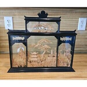 Vintage Chinese Cork Craving Diorama 4 screens handmade 17”L X3” W 15” H